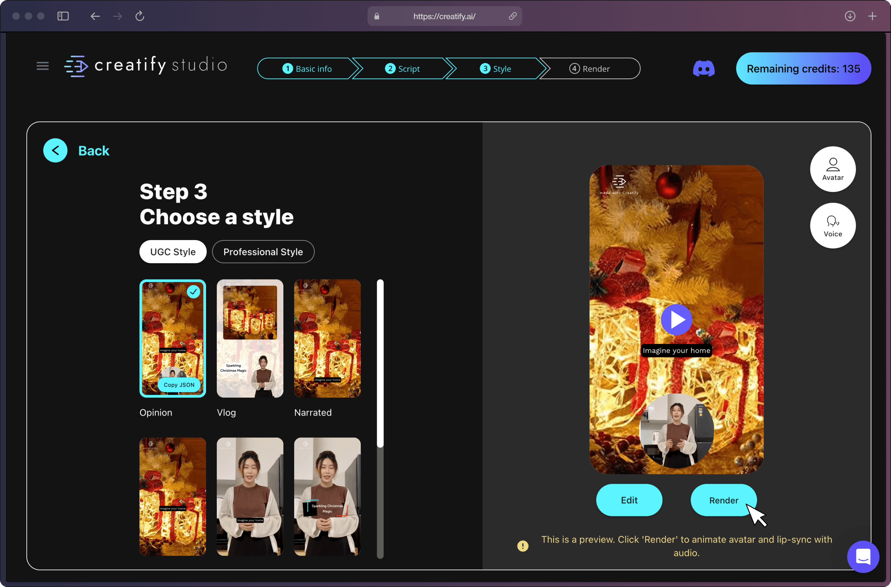 A screenshot of Creatify AI app on the “Choose a style” page showing several visual styles in brackets on the left, and a large preview on the right with play button with a cursor hovering on “Render”.