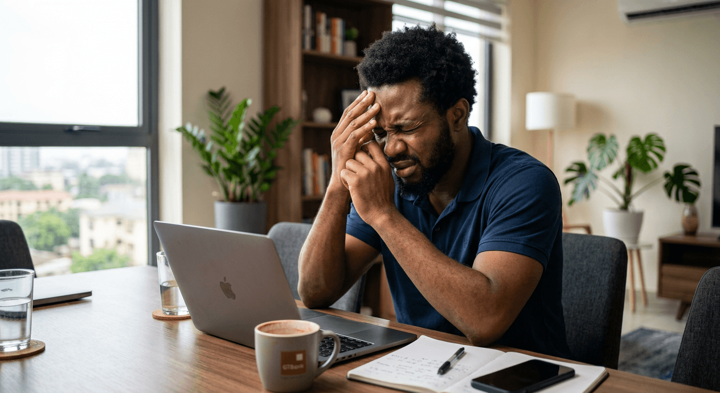 Man rubbing his face in front of laptop.