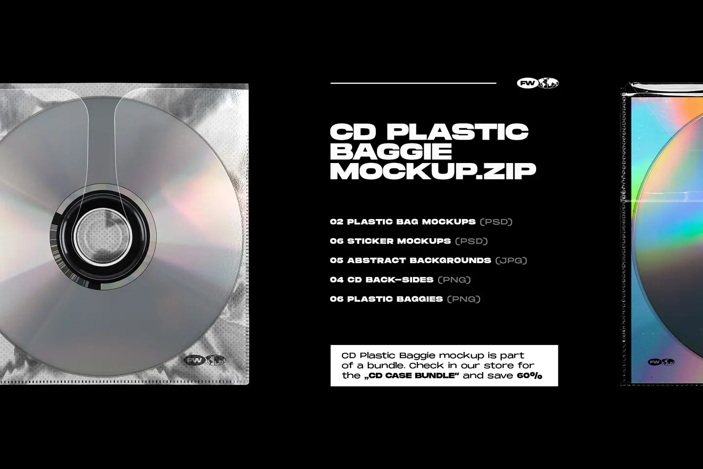 CD plastic bag mockup package contents with PSD files overlays and disc assets