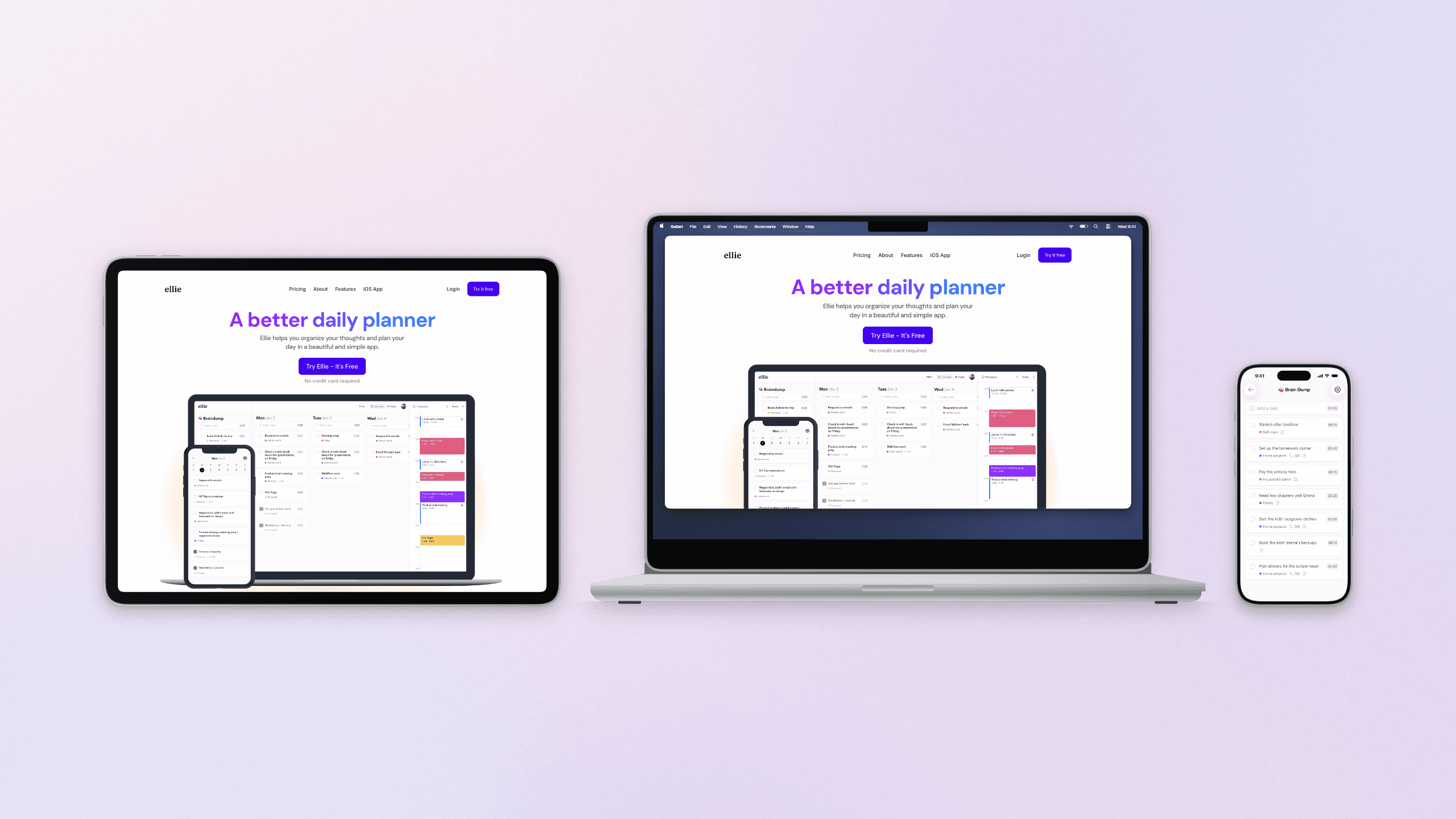 A MacBook Pro and an iPad in landscape showing the ellieplanner.com homepage, headlined A better daily planner, beside an iPhone showing Ellie’s Brain Dump list, on a soft lilac gradient at their real relative sizes