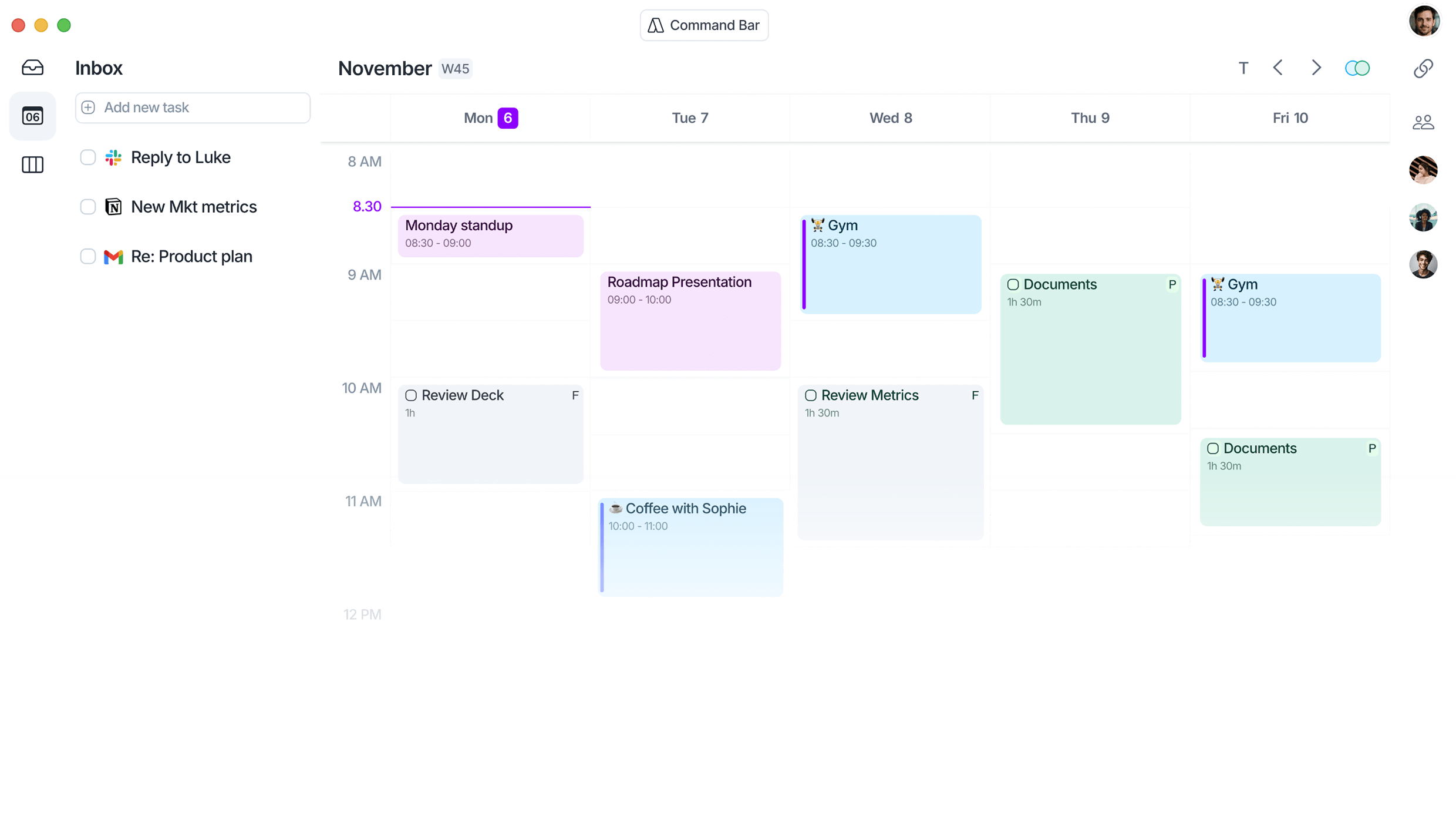 Akiflow desktop interface — universal inbox on the left and time-blocked calendar on the right