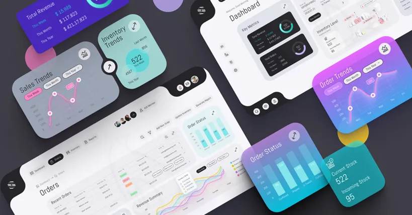 SaaS analytics dashboard UI design showing sales trends and order management