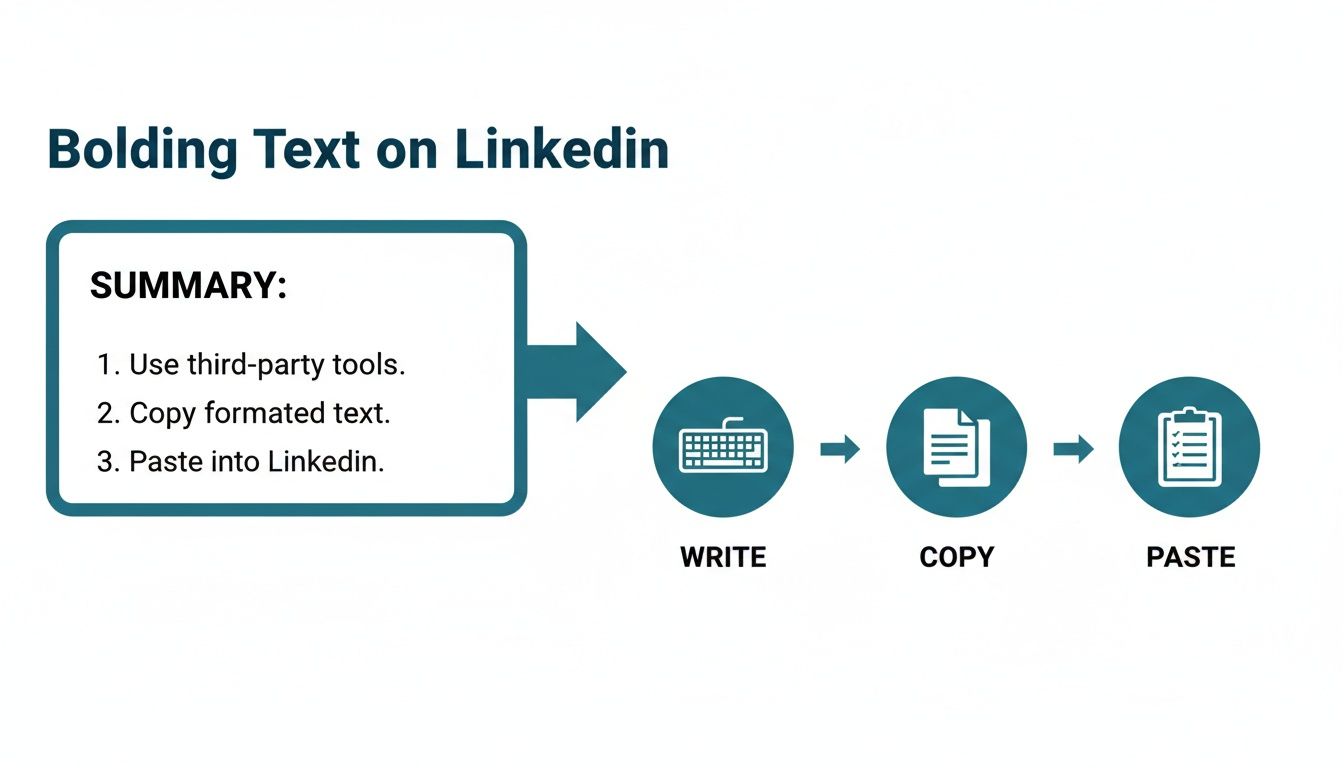 Diagram illustrating how to bold text on LinkedIn by writing, copying, and pasting formatted text using third-party tools.