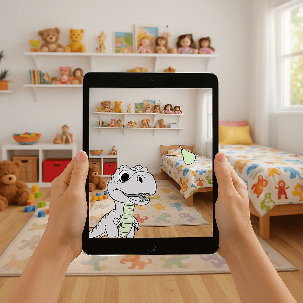 App "Super Food Quest" in einem Kinderzimmer. Spieler hat Birne gefunden und interagiert mit Charakter Rex.