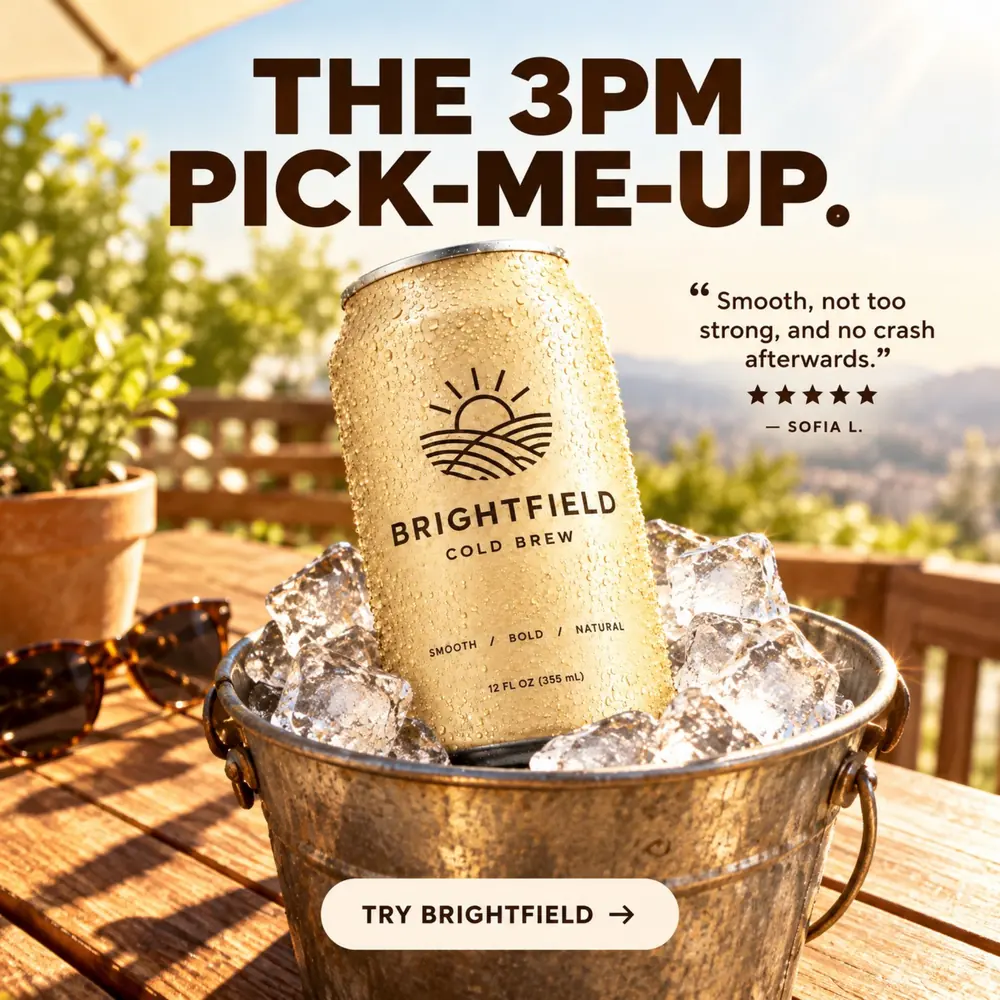 Brightfield Cold Brew demo ad variant in an ice bucket on a terrace with the headline The 3PM pick-me-up