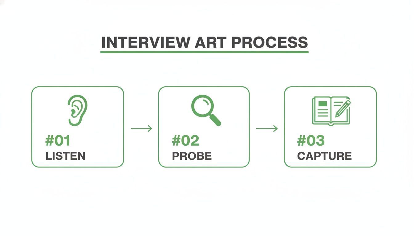 Three-step interview process showing listen, probe, and capture stages with ear, magnifying glass, and book icons.