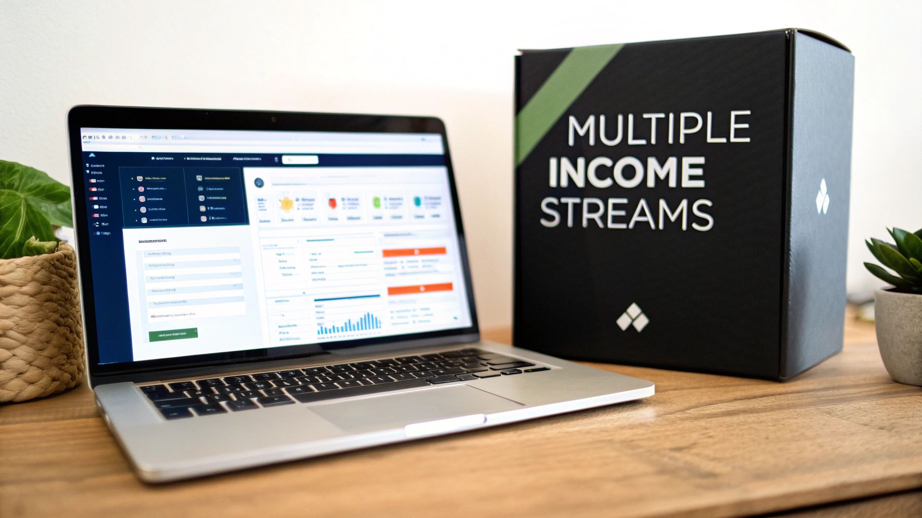 A laptop displaying an analytics dashboard sits on a wooden desk next to a black box labeled 'Multiple Income Streams'.