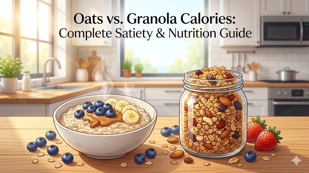 A complete nutrition guide comparing oats and granola calories, featuring a steaming bowl of oatmeal with blueberries and bananas next to a jar of healthy granola in a bright kitchen.