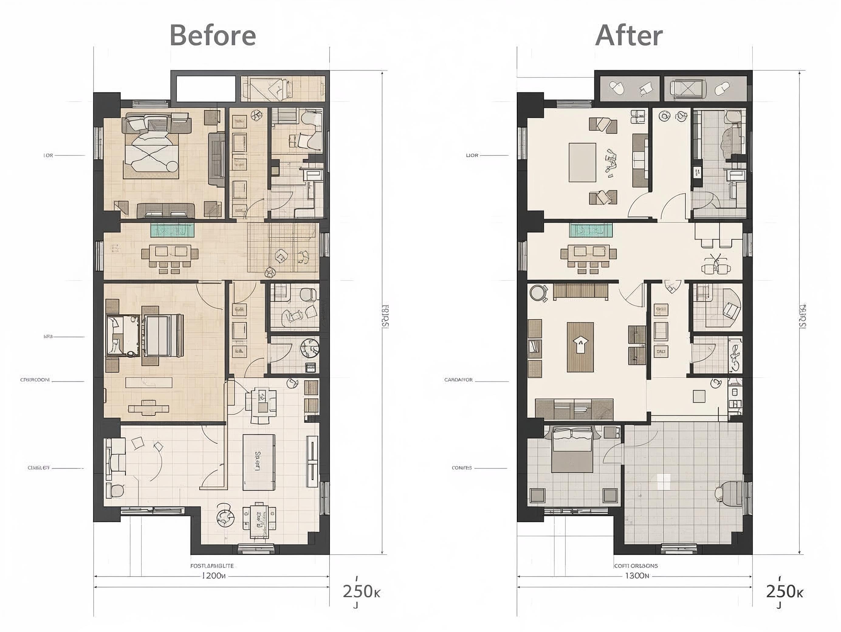 Comparison of a poor apartment layout and an optimised layout with reduced wasted space