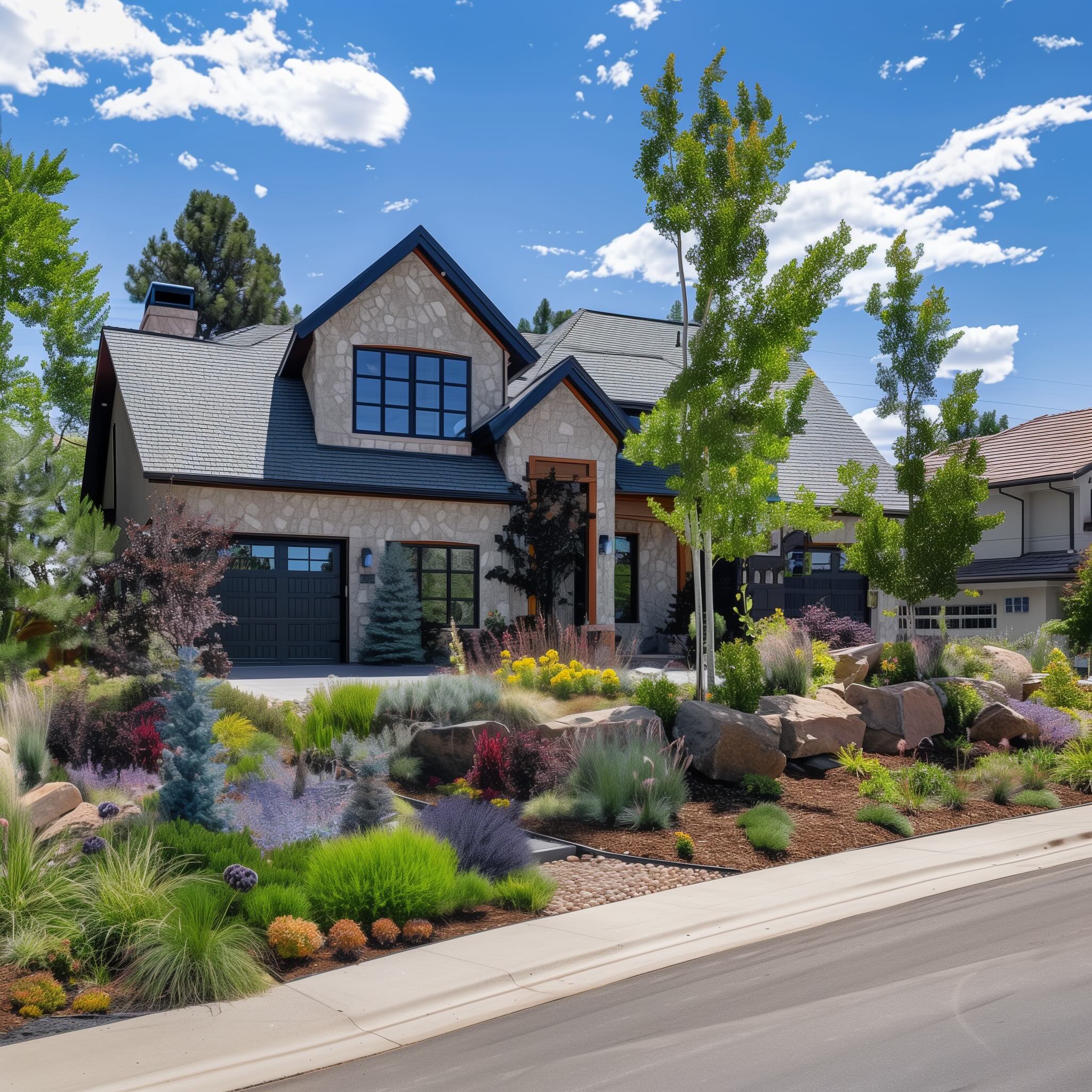 xeriscaping design plan for a frontyard in Colorado that includes native plants and large boulders with very low maintenance