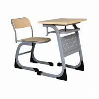 Grey classroom chair and desk set with wooden seat and metal frame, Made in Turkey