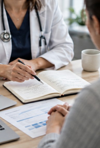 Clinician taking notes during a consultation