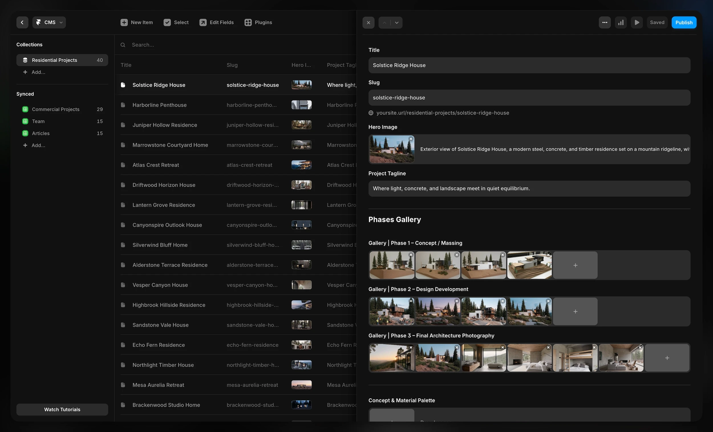 Framer CMS dashboard managing residential architecture projects, featuring editing view for Solstice Ridge House with hero image and design phase galleries.