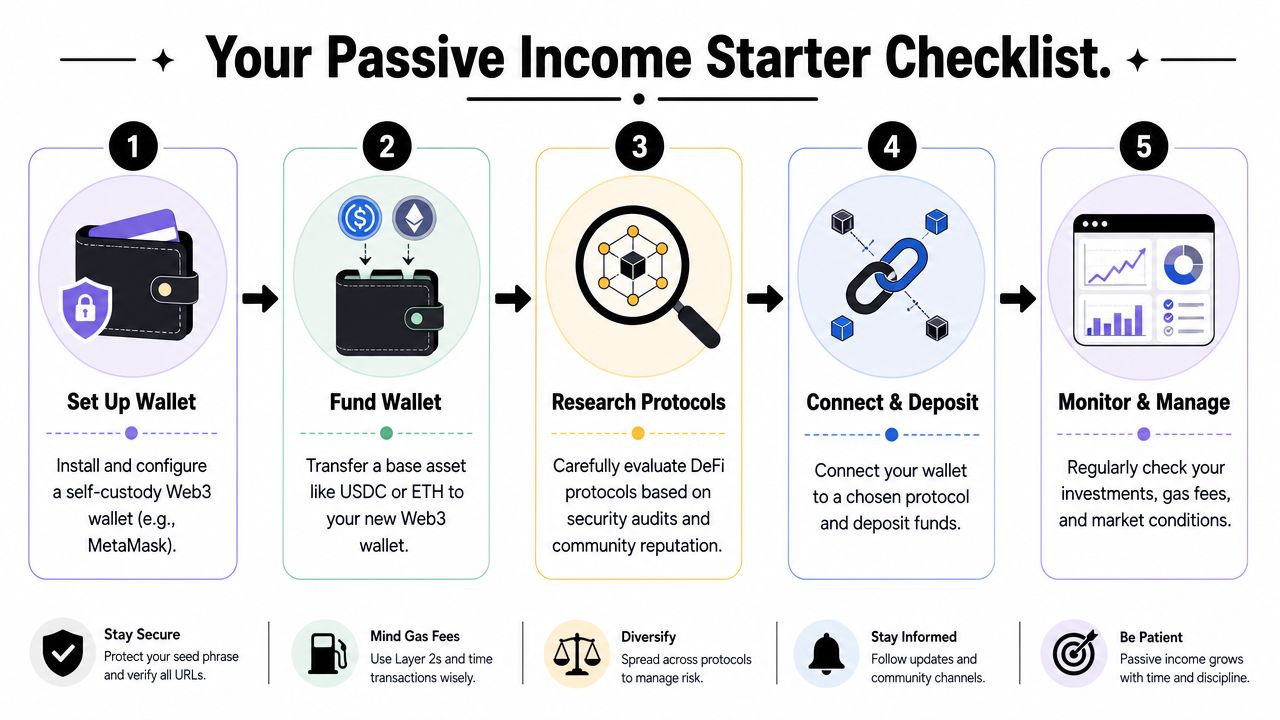 A five-step checklist infographic showing the process for starting a cryptocurrency passive income strategy.