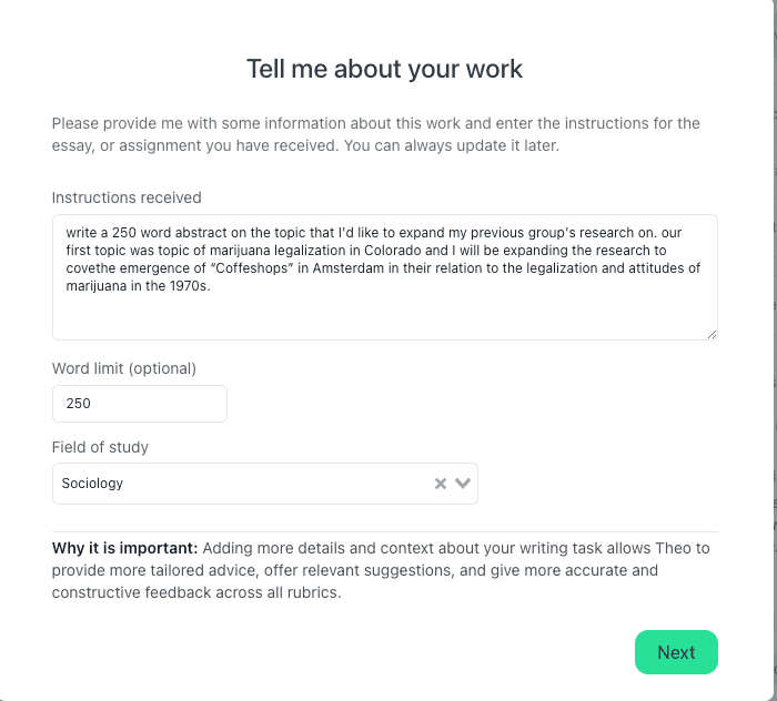 thesify assignment intake form requesting instructions, word limit, and field of study