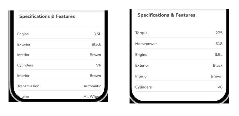 Specifications were cut off on screen scroll, which was fixed