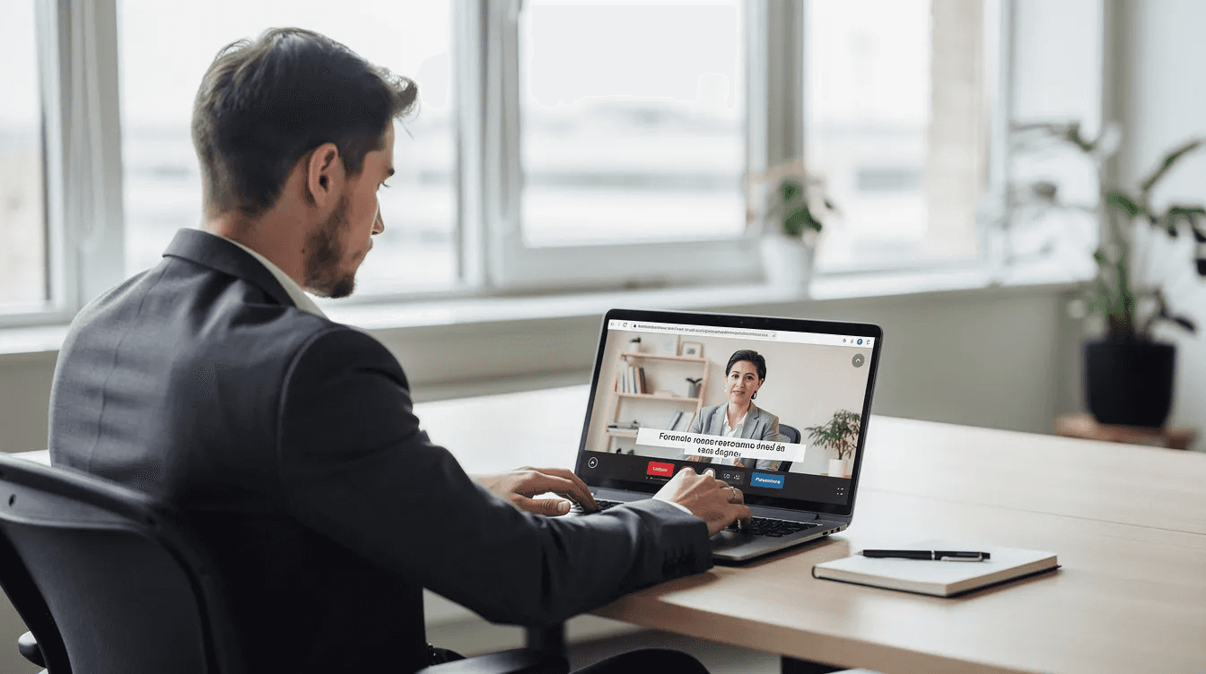 Un professionnel assis à un bureau moderne regarde attentivement une vidéo de formation sur son ordinateur portable, illustrant l'importance des formations sur mesure pour le développement des compétences des collaborateurs dans une entreprise. L'environnement de travail est lumineux et bien organisé, favorisant l'apprentissage et la mise en œuvre de solutions adaptées aux besoins de l'équipe.