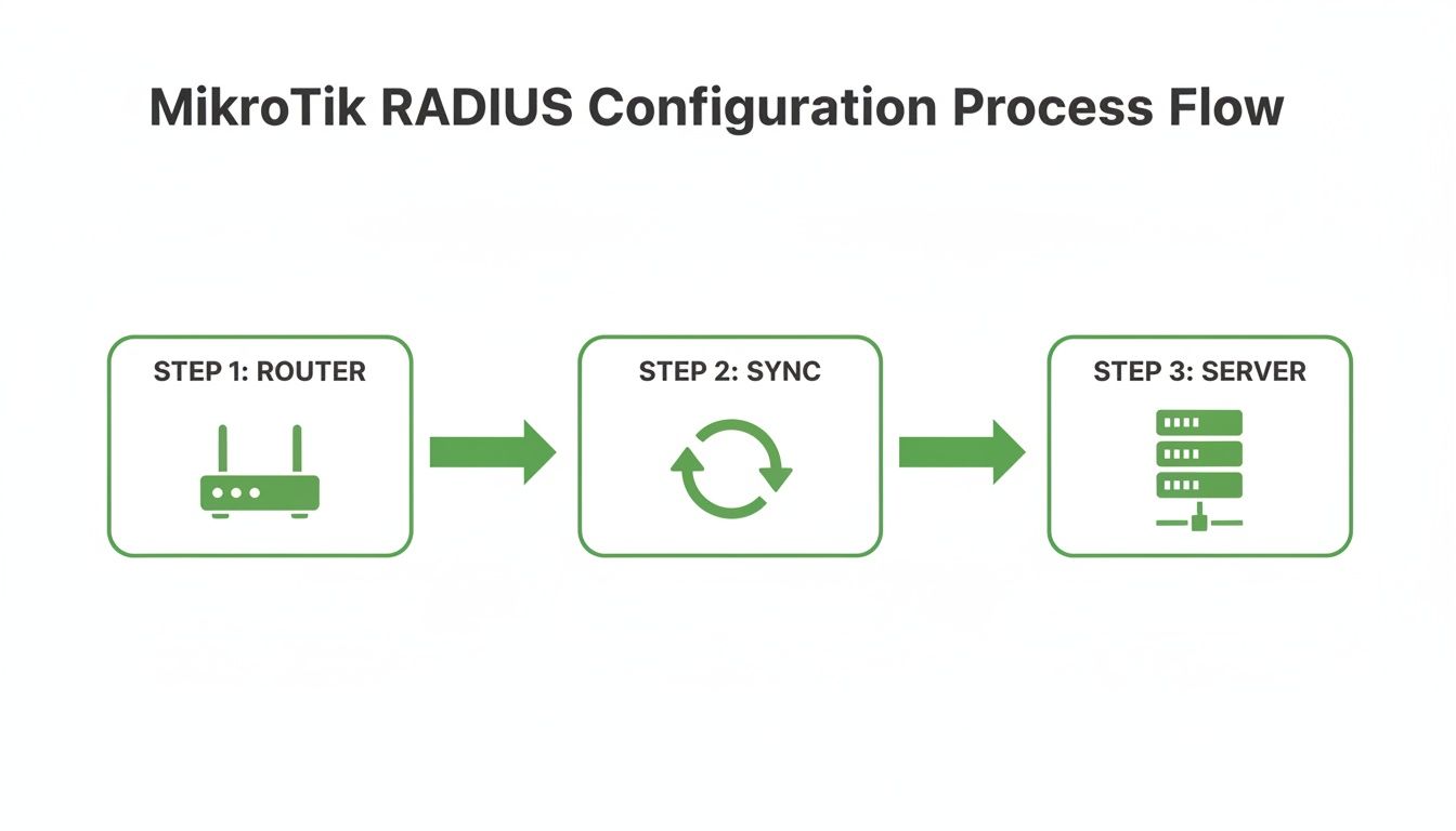 A flow diagram illustrating the MikroTik RADIUS configuration process through router, sync, and server steps.