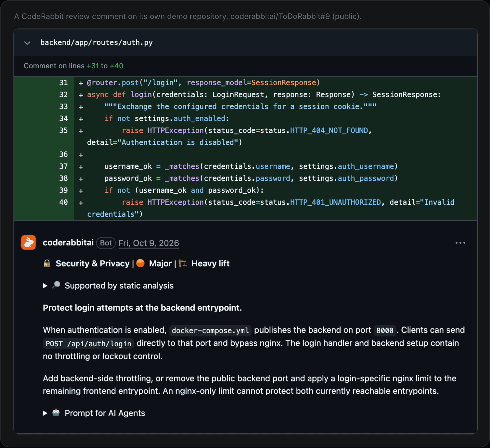 CodeRabbit review comment on a pull request in its ToDoRabbit demo repository, labeled Security & Privacy, Major and Heavy lift, saying the login endpoint has no throttling or lockout control