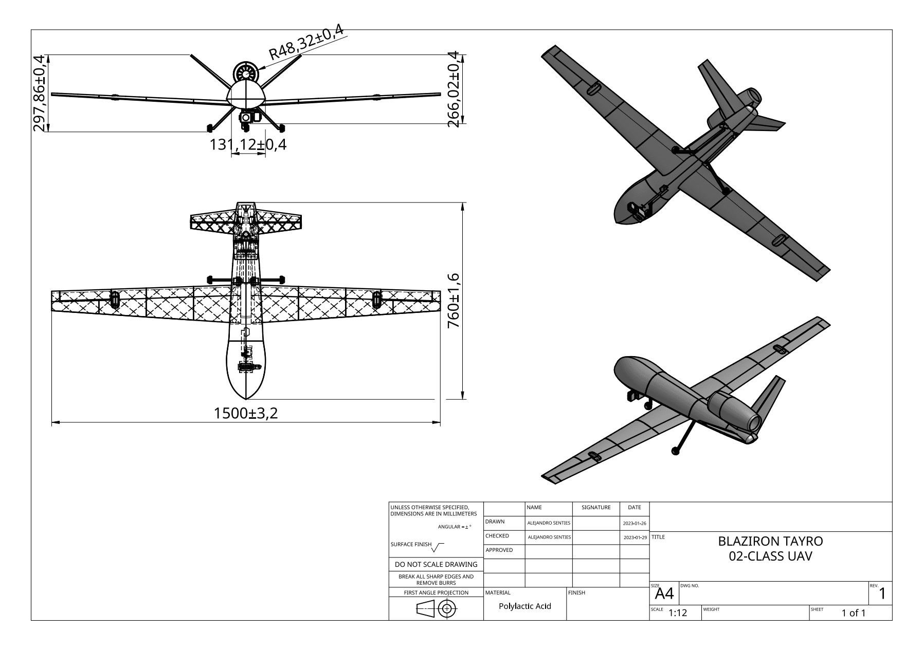 Engineering drawing of the BLZN-1 aircraft. Front, bottom and isometric views are present.