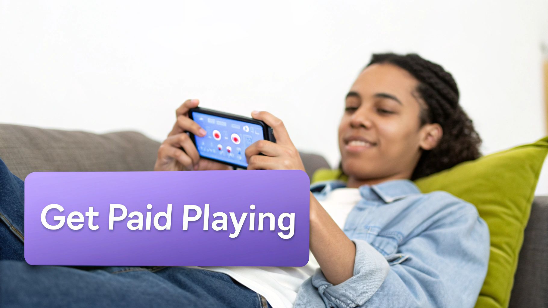 A young person relaxing on a couch, smiling while playing a game on a smartphone.