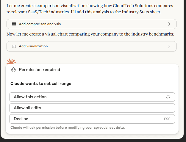 Claude requests permission before editing the spreadsheet; the request is labeled 'Add visualization' with the ask 'Claude wants to set a cell range'.