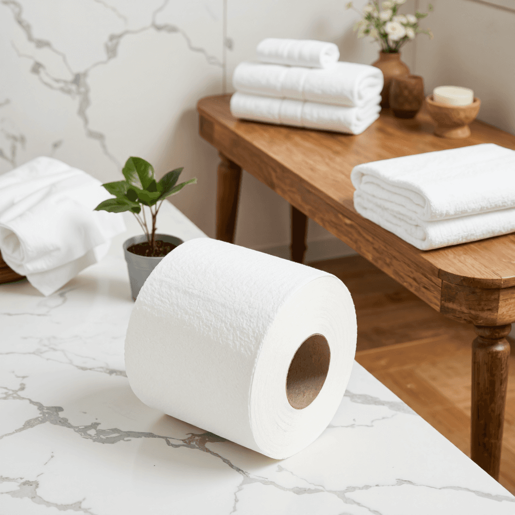 product photography of a pack of toilet paper rolls