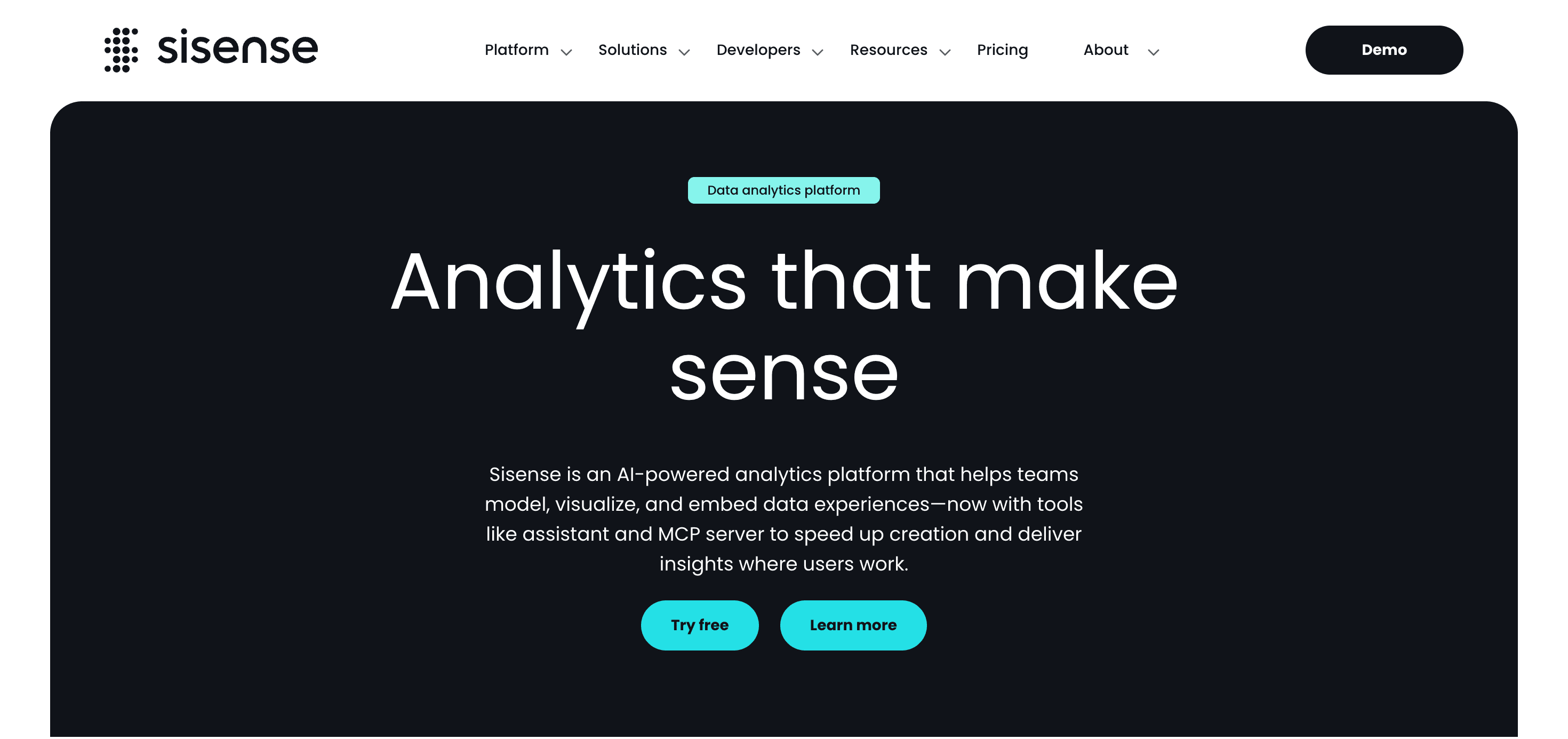 Sisense AI-powered analytics platform homepage showcasing embedded analytics and data visualization tools for business teams.