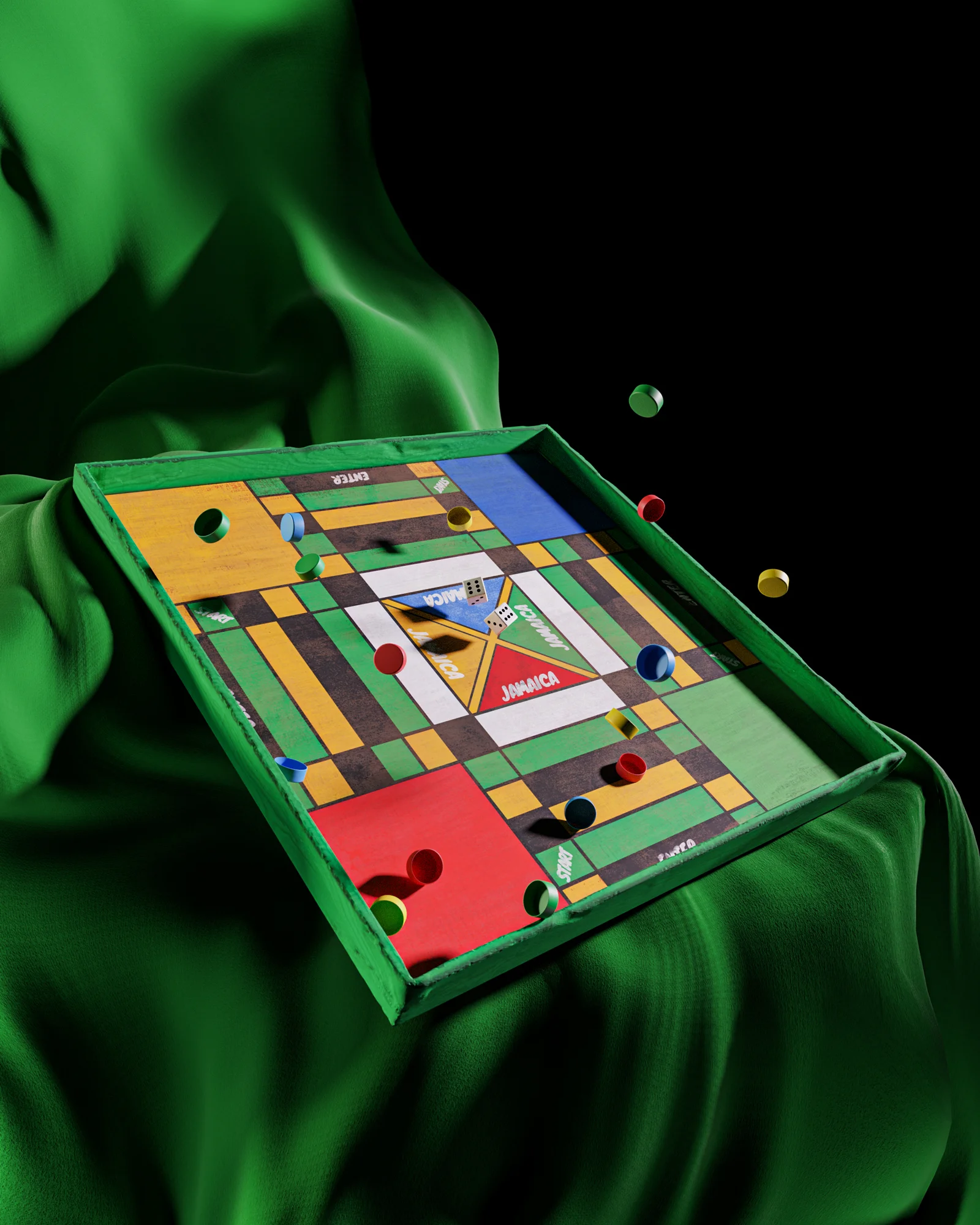 A 3d render depicting a ludo or ludi game with the players and dice floating in the air against a green table cloth and a dark background.