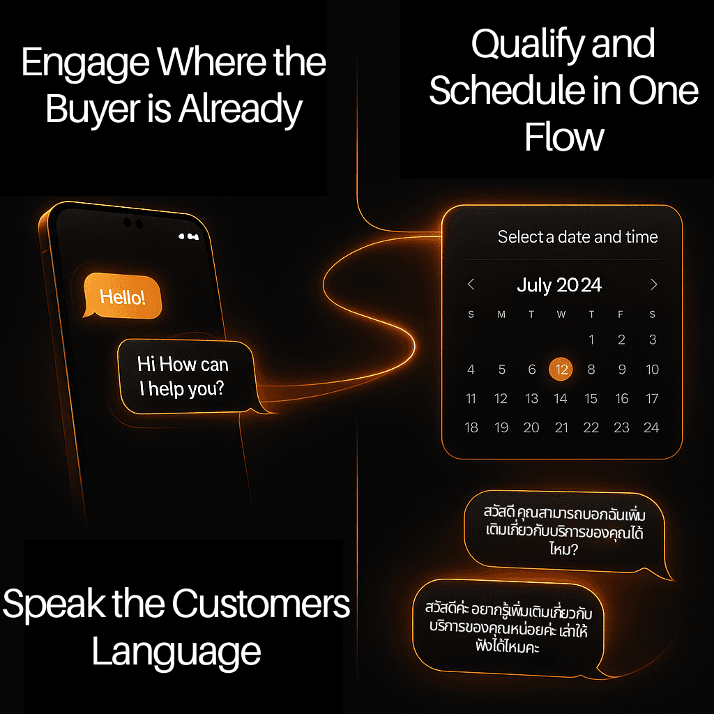Visual showing Thaiger AI’s Messenger chat features — a smartphone chat interface, calendar booking screen, and Thai-language messages — highlighting how businesses can engage customers, qualify leads, and schedule meetings instantly in one seamless flow.