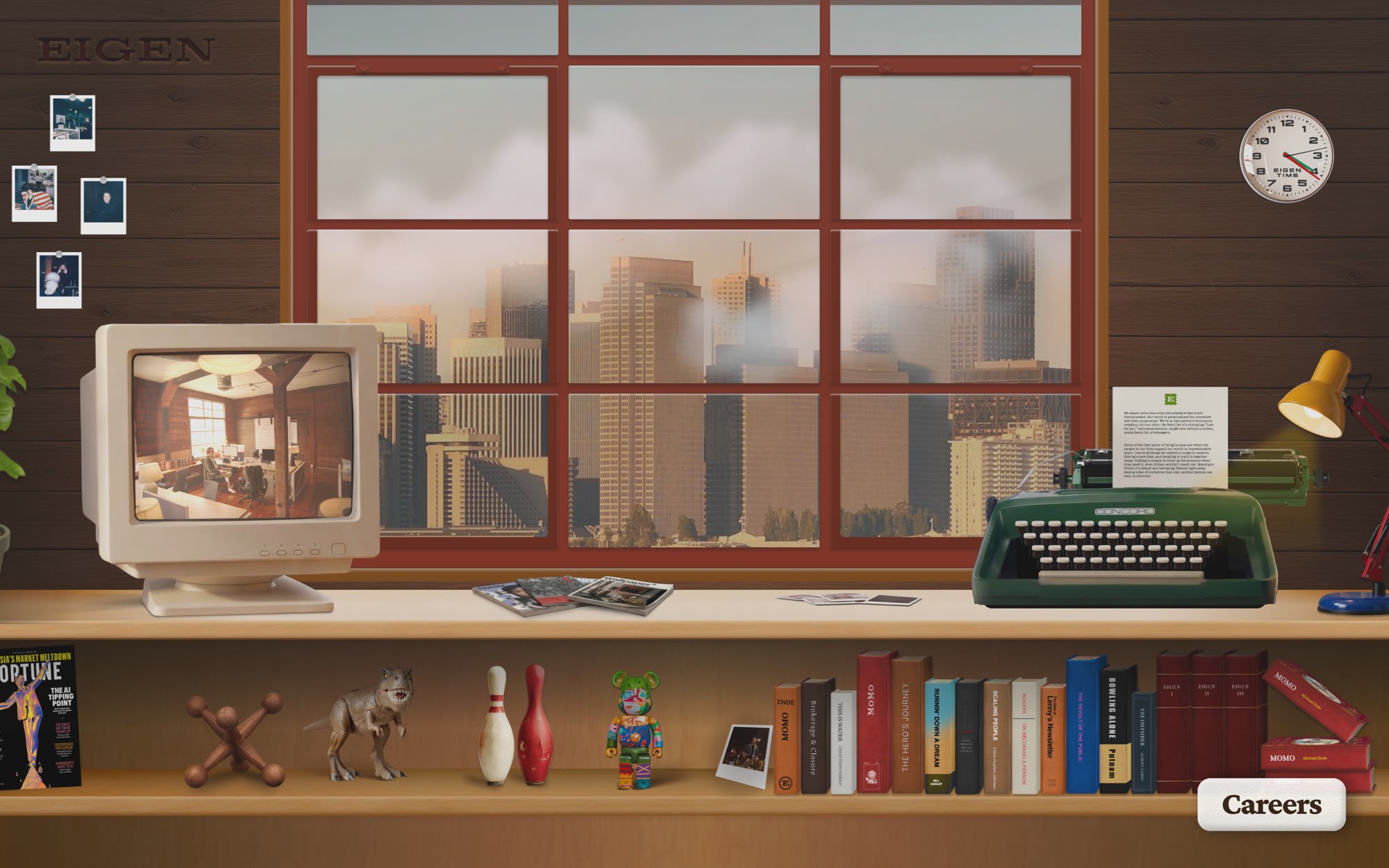 The Eigen homepage: a retro office with a CRT monitor, a typewriter, a window onto a city skyline, and a shelf of objects.