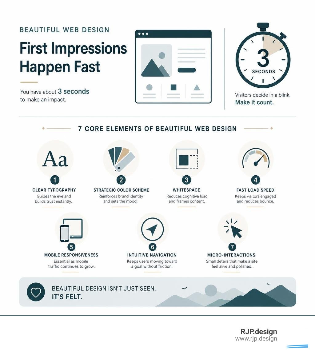 Infographic showing the 3-second rule and 7 core elements of beautiful web design infographic