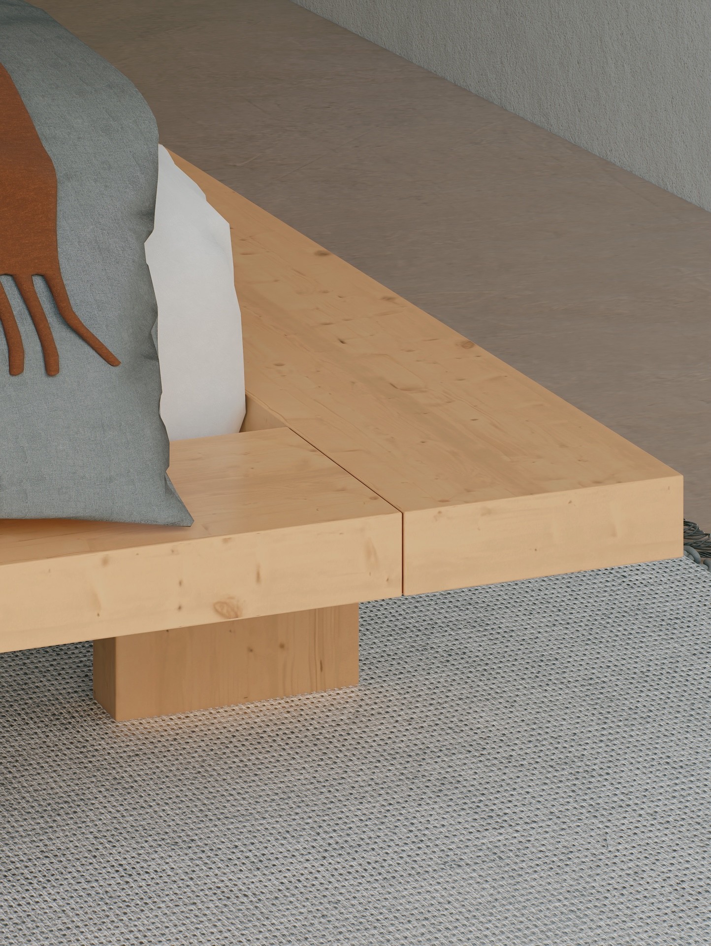 Child walking on a wooden beam with a large tree and swing nearby in a courtyard of modern wooden houses, while another person adjusts a bicycle.