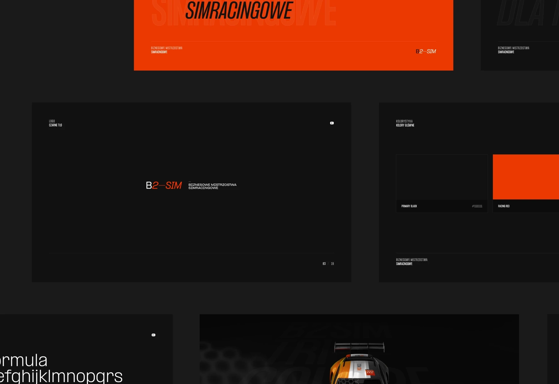 B2-SIM brand design with bold typography, racing red and black color palette, and minimalist logo on a dark background.