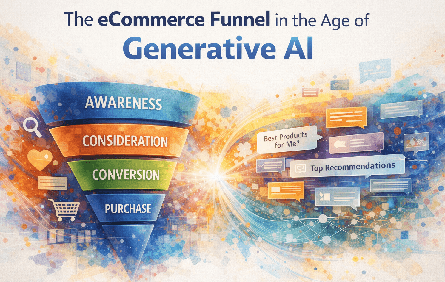 Conceptual illustration of the eCommerce marketing funnel with awareness, consideration, conversion, and purchase stages, visually transitioning into AI-mediated discovery and recommendation systems that influence early customer decision-making before site visits.