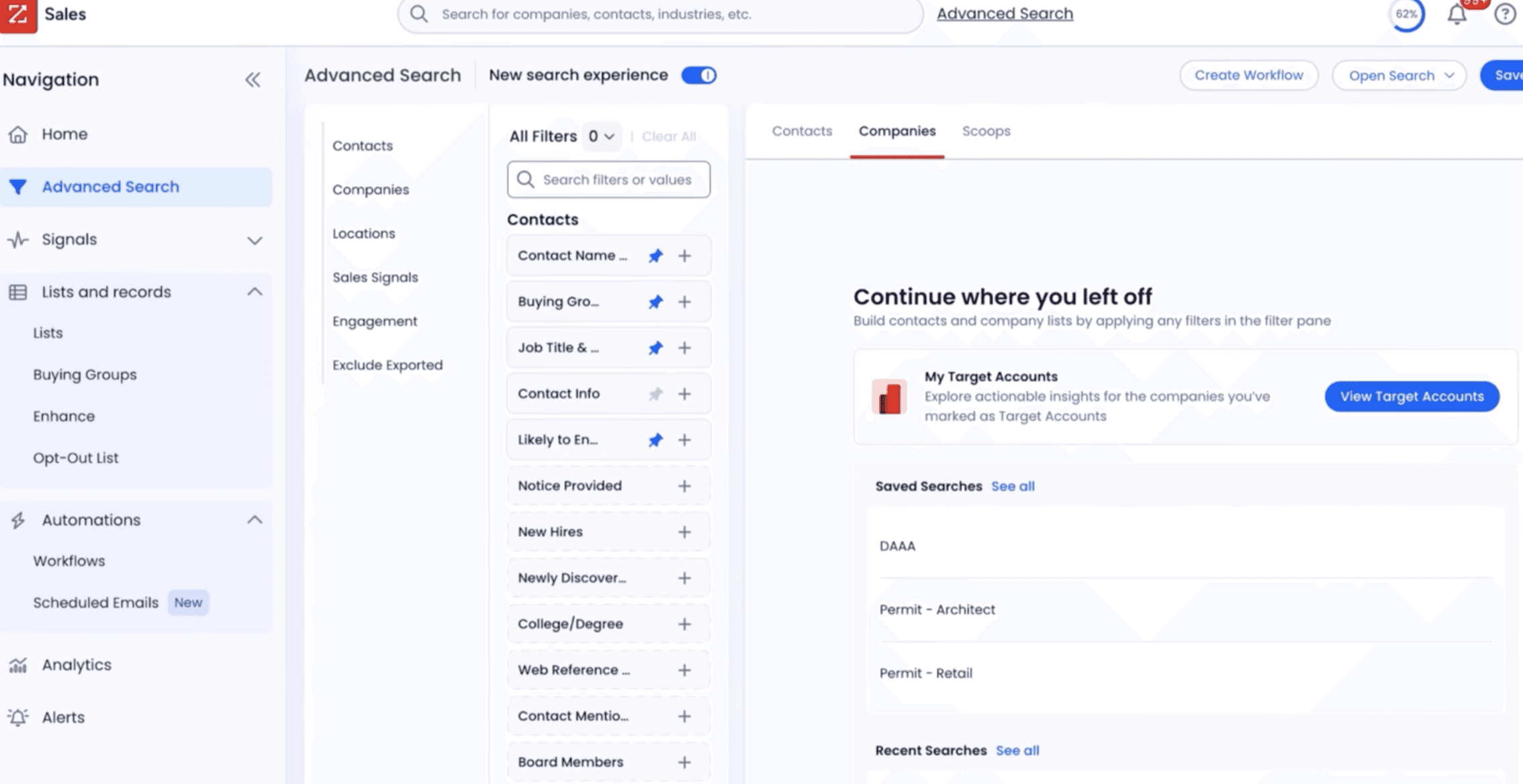 ZoomInfo Advanced Search screen with the contact filter list open on the left and a Continue where you left off panel showing saved searches on the right