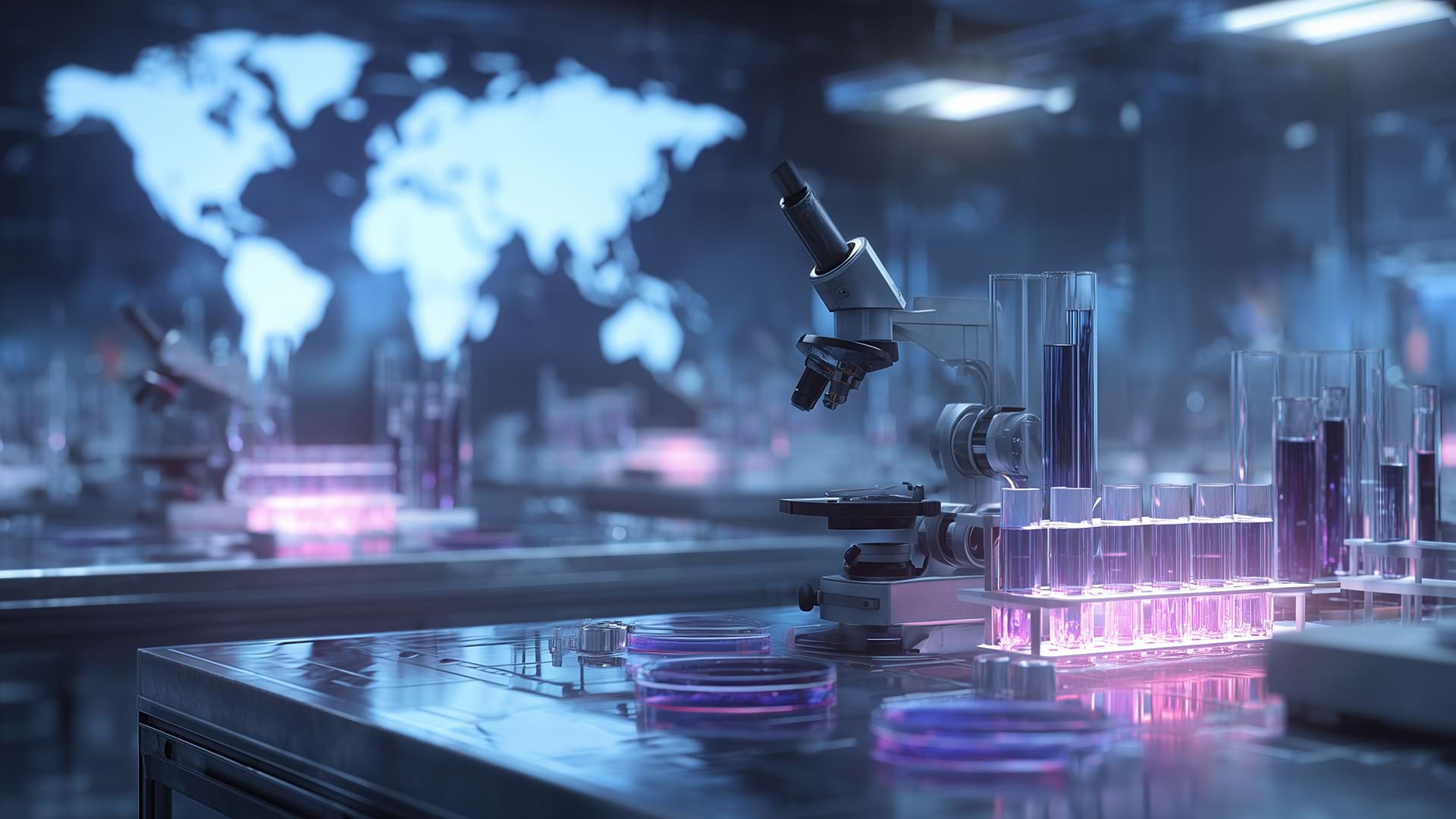 Laboratory with glowing test tubes, microscope, and Petri dishes on a stainless-steel table. World map on wall, suggesting a futuristic, global research setting.