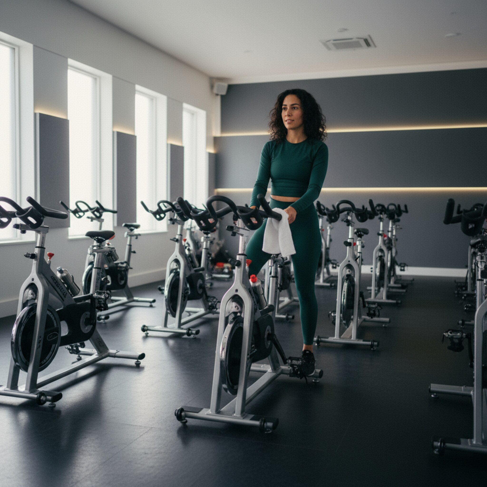 Ein Spinning-Raum mit aufgereihten Bikes in gleichmäßigen Reihen, gedämpftes Licht zeichnet klare Konturen. Eine Trainerin hängt ihr Handtuch über den Lenker und prüft die Position eines Sattels. Wasserflaschen glänzen auf dem Boden. Die Szene vermittelt Energie kurz vor dem Start einer intensiven Session.