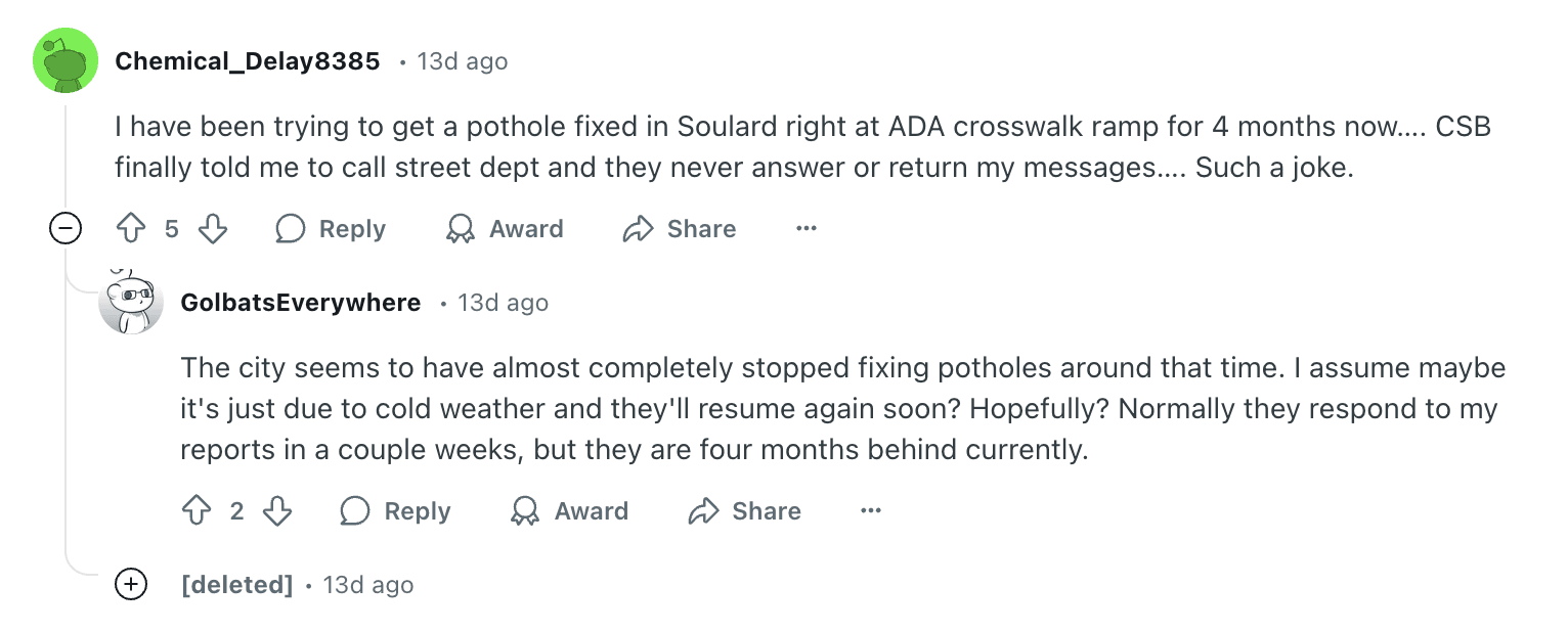 Reddit discussion about reporting potholes