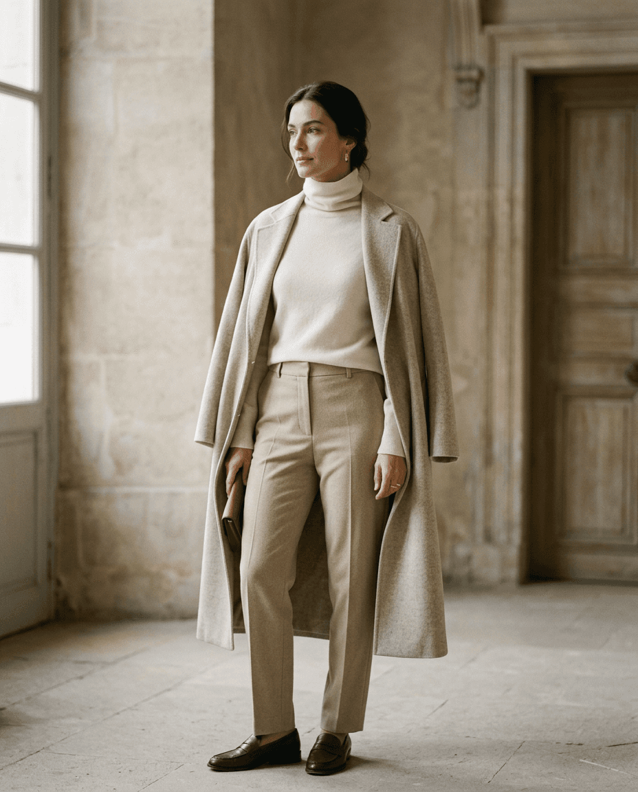 Ivory Cashmere Turtleneck — Camel — styled