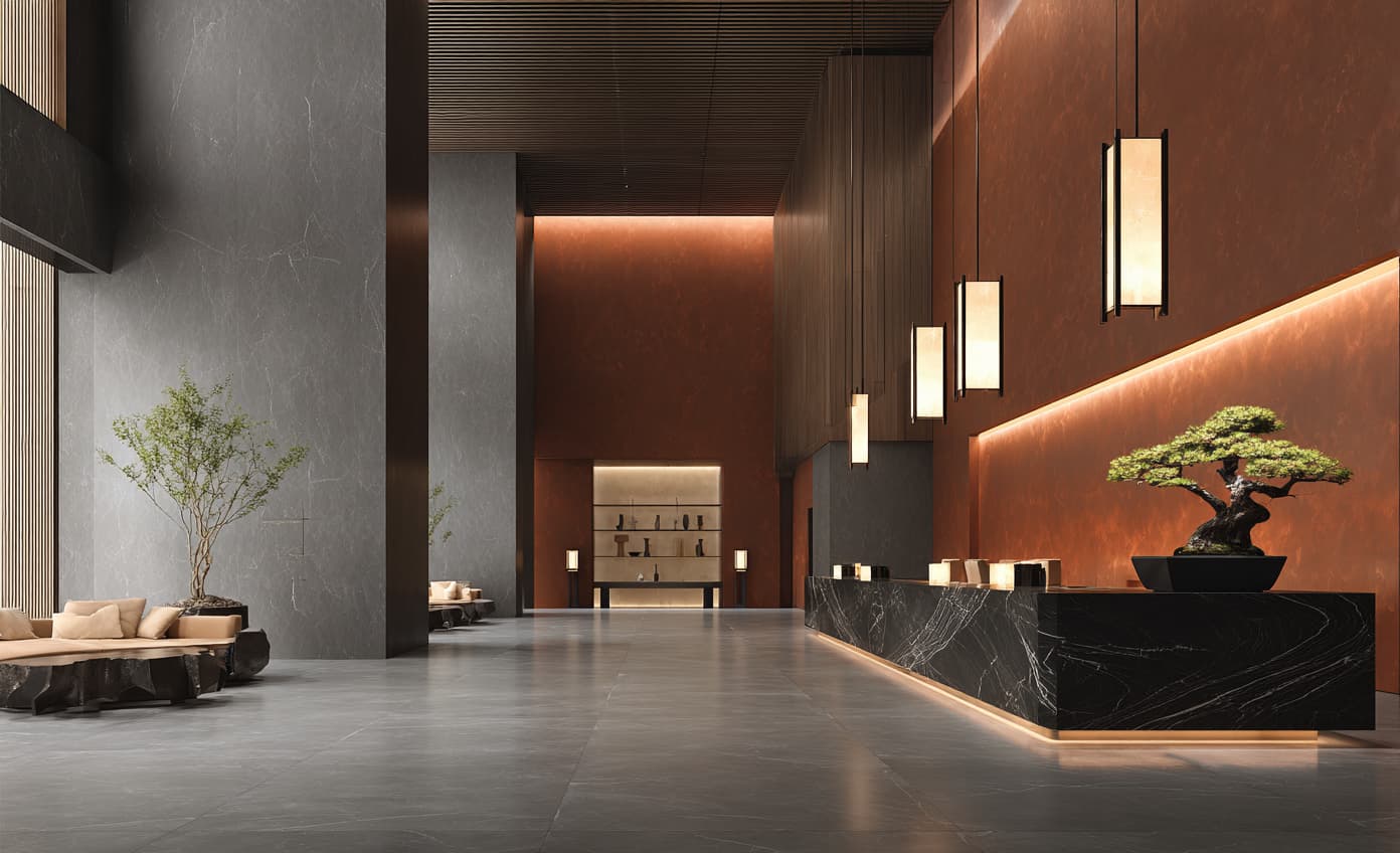 A stylish hotel or restaurant interior with warm lighting, representing the hospitality industry.
