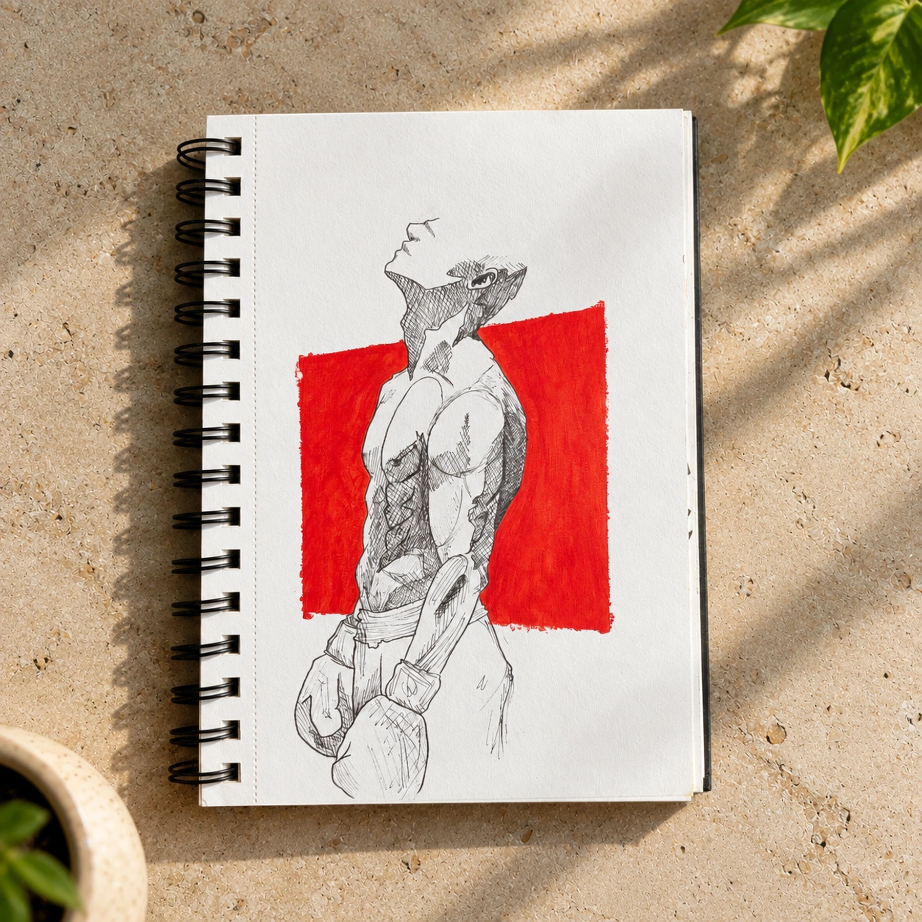 Anatomical drawing of a muscular torso with its head tilted back against a red rectangle.