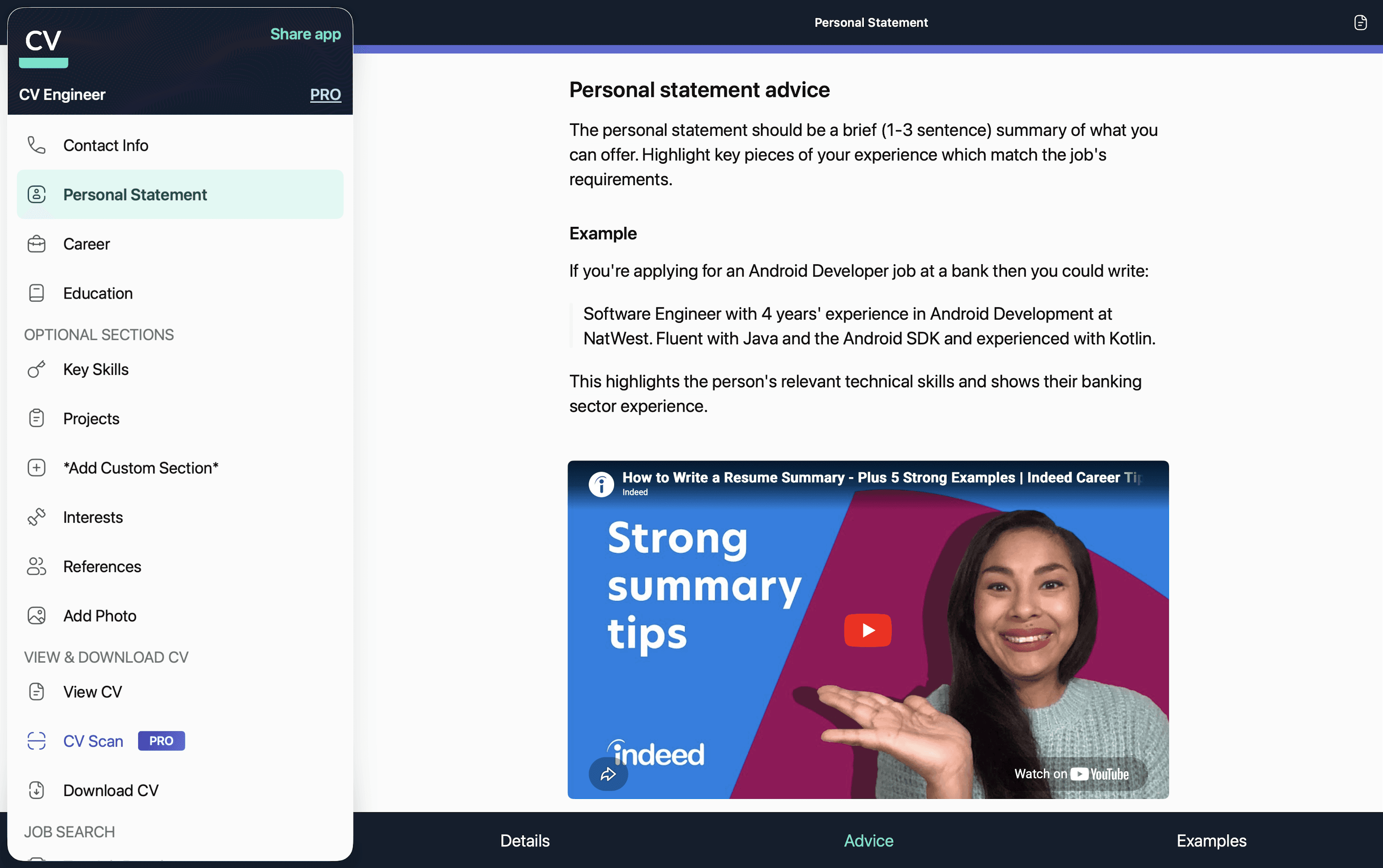 CV Engineer macOS resume builder personal statement advice screen