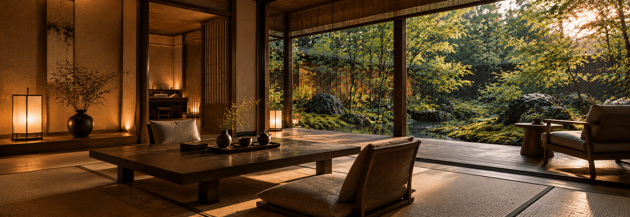 A tatami room with a low table and floor chairs, open to a moss garden and pond