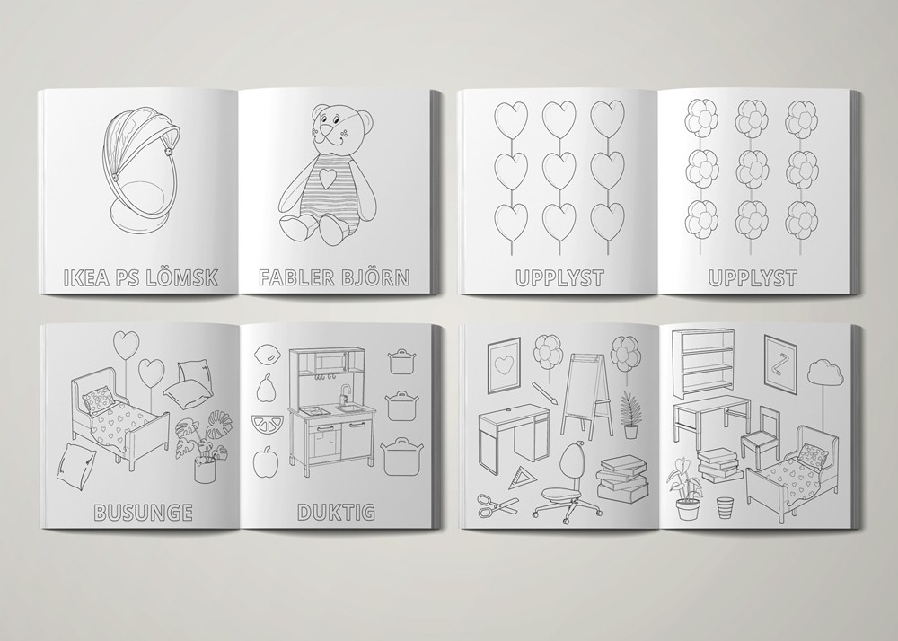 A grid of eight embossed gray character tiles featuring simple illustrated figures, part of the tactile design materials created for the IKEA Junior Designers children's party concept.