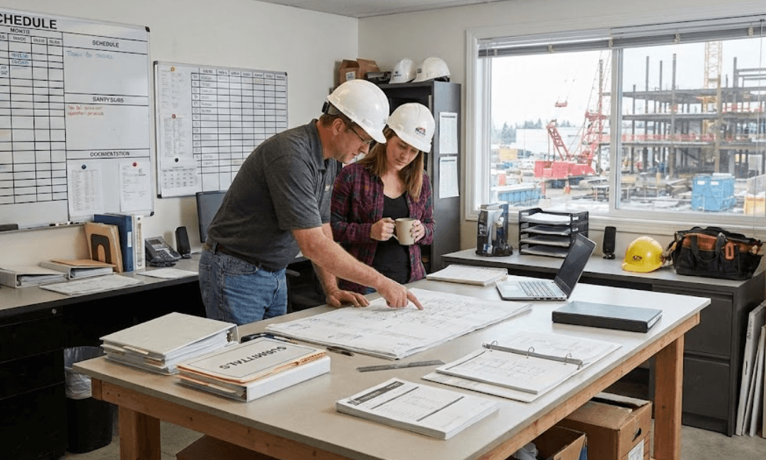 Construction workers reviewing submittals