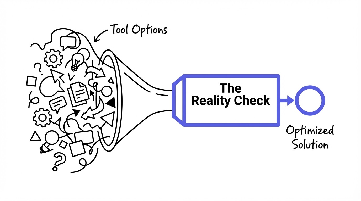 A decision filter diagram showing a chaotic pile of tool options being funneled through a narrow reality-check box to produce one clear, actionable choice.
