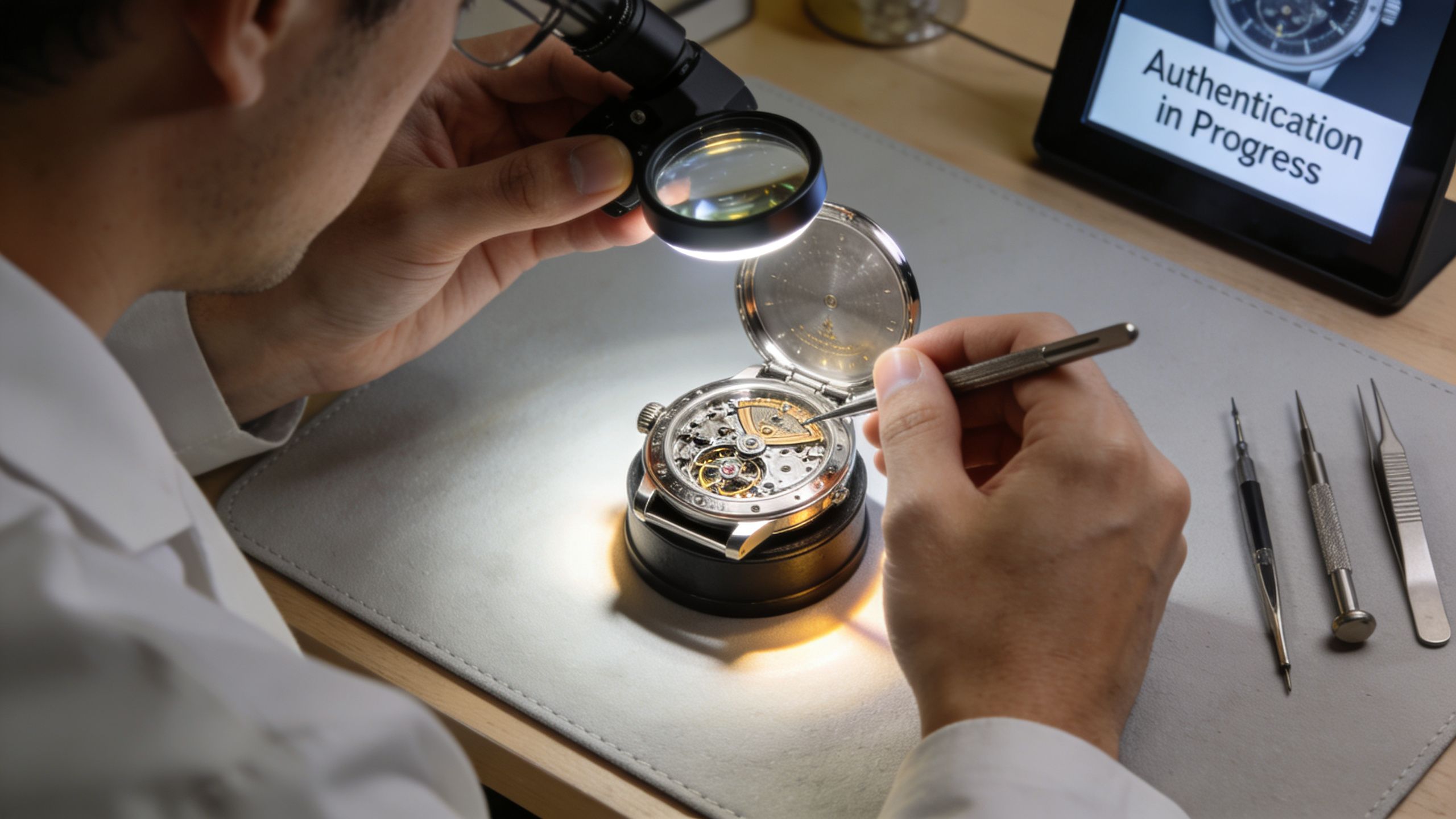 A professional watchmaker carefully inspecting the internal movement of a high-end luxury watch using a magnifying loupe.