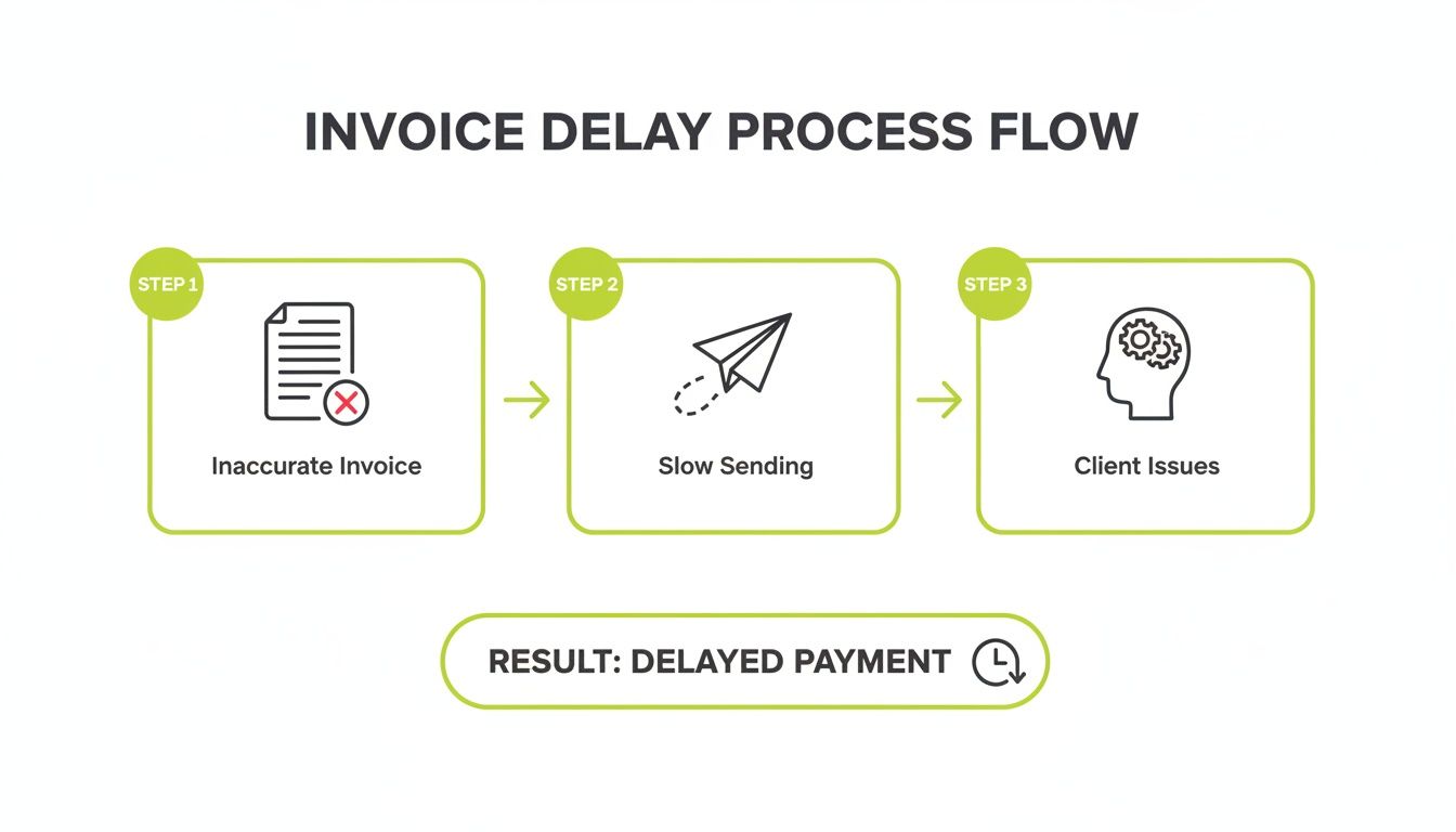 A process flow chart illustrates three steps leading to delayed invoice payments: inaccurate, slow sending, client issues.