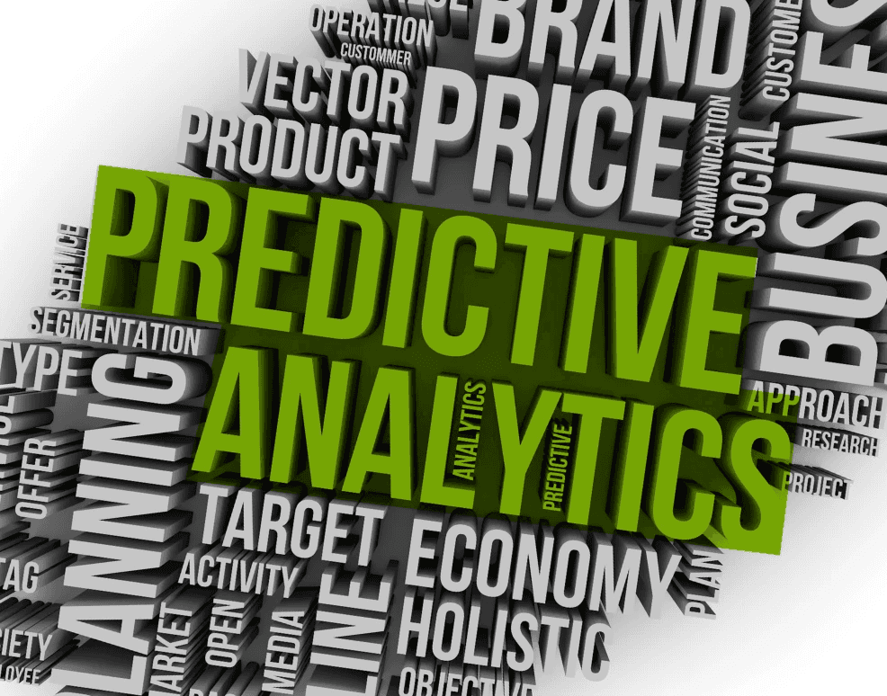 3d illustration of words related to business analytics and prediction, with "predictive analytics" in large green letters at the center.